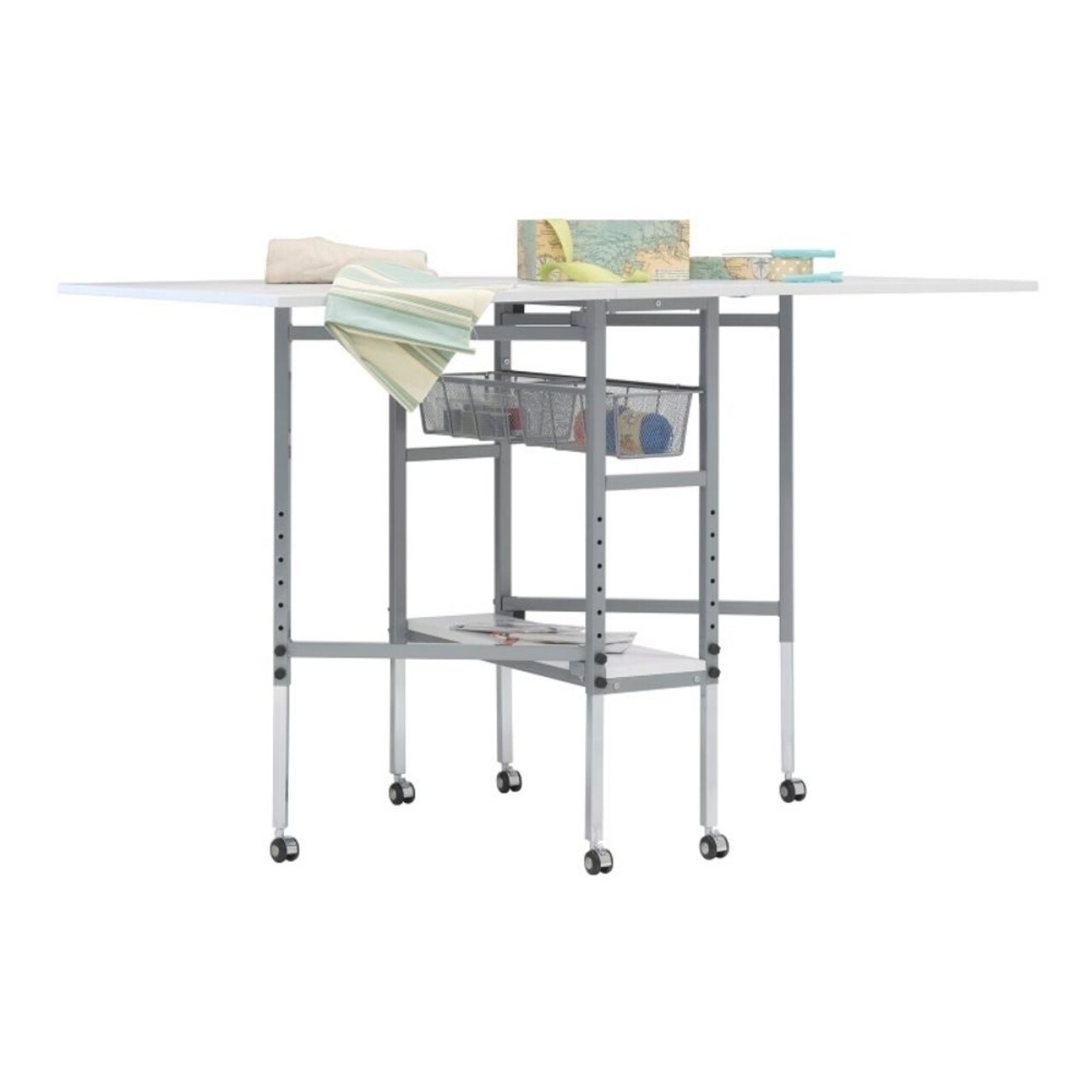 Offex Sew Ready Mobile, Folding, Height Adjustable, Quilting, Fabric Cutting Table with Grid Top and Storage in Silver,